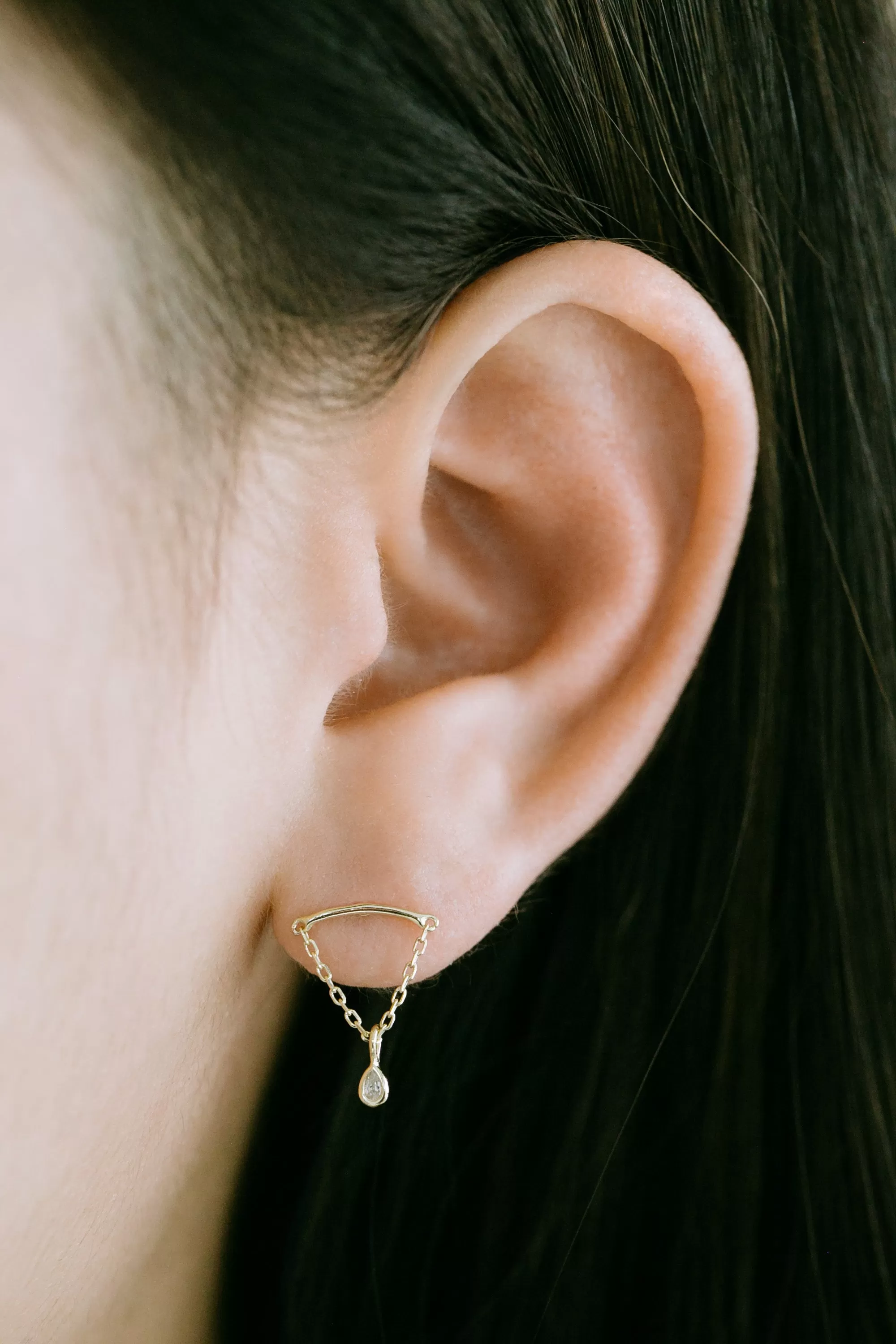 14K GOLD CARTILAGE HELIX LOBE TEARDROP DANGLE CHAIN EAR STUD FLAT BACK EARRING LABRET PIERCING