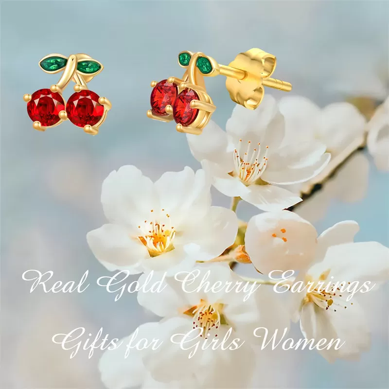 14K Gold Cherry Stud Earrings with Created Garnet for Women Girls Cute Jewelry Gifts