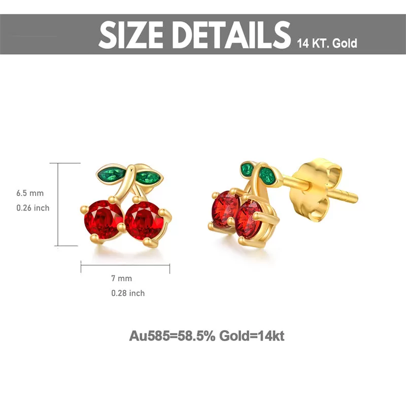 14K Gold Cherry Stud Earrings with Created Garnet for Women Girls Cute Jewelry Gifts