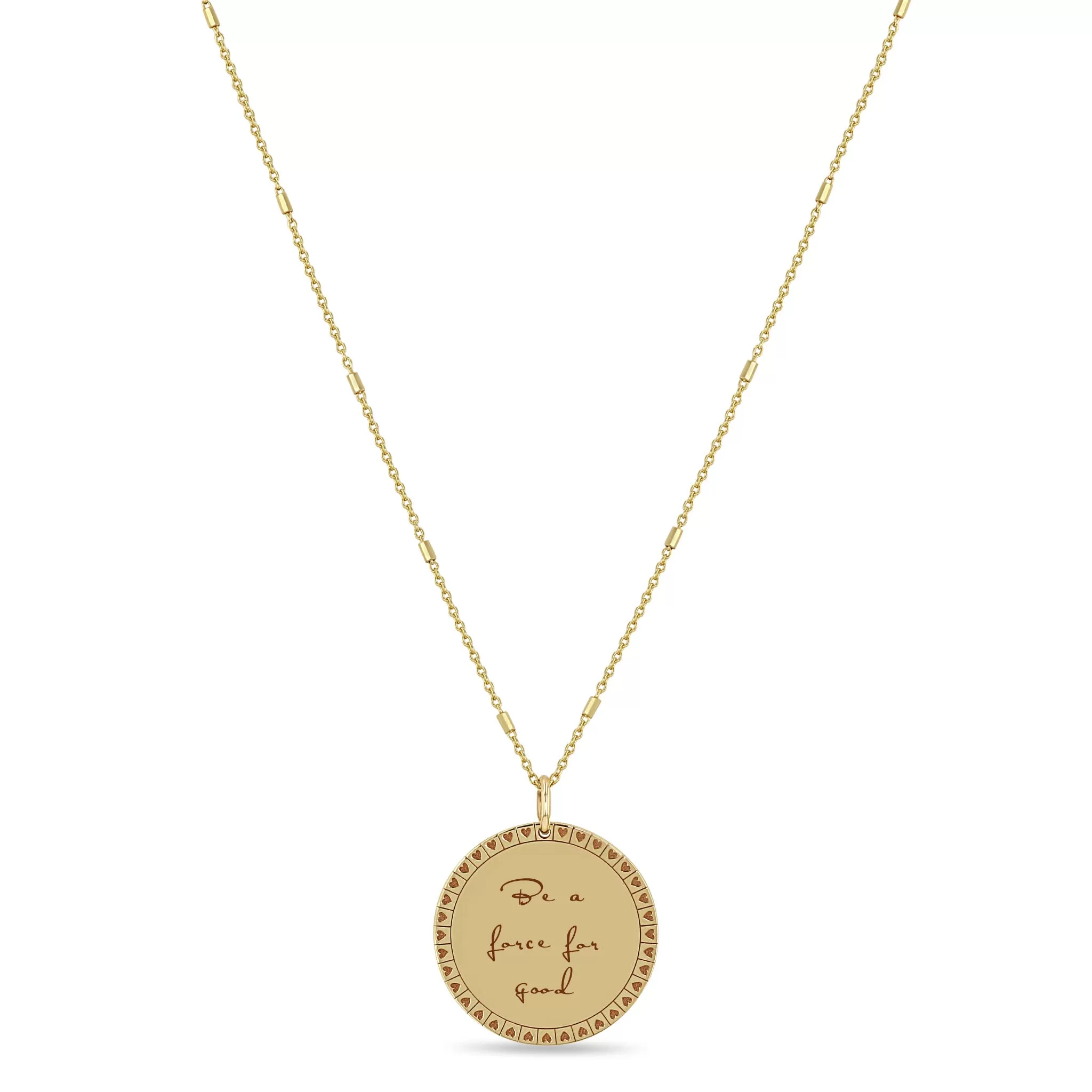 14k Medium Mantra with Heart Border Bar & Cable Chain Necklace