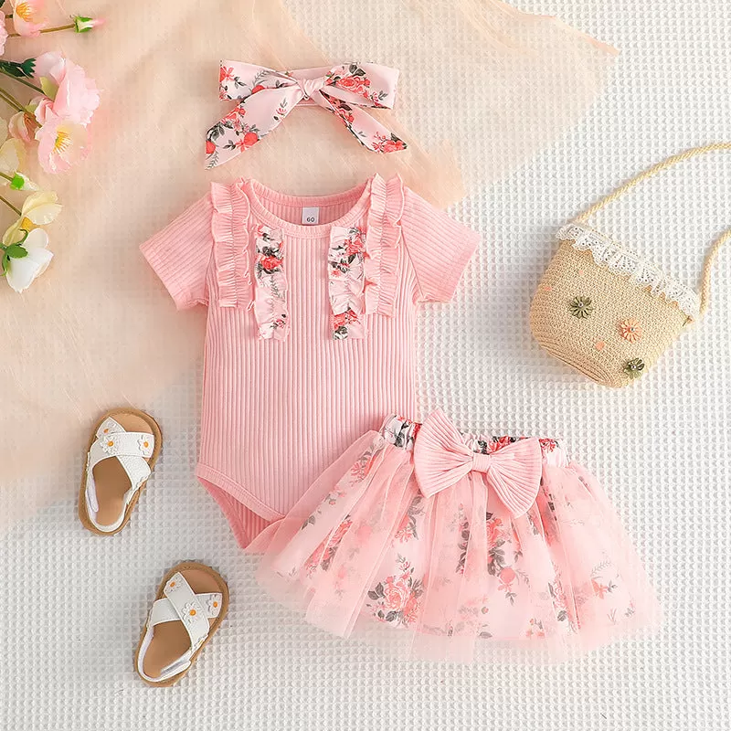 2 Pieces Set Baby Kid Girls Flower Print Rompers And Skirts Wholesale 24011112