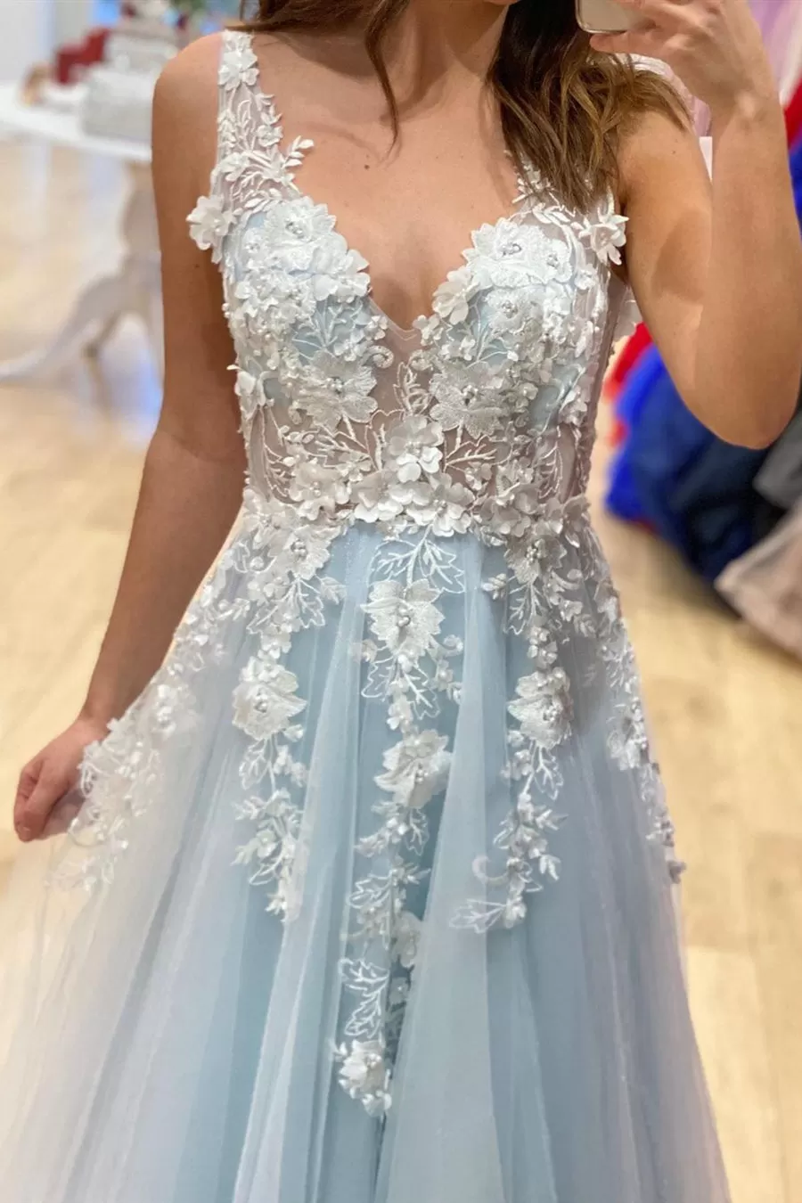 A Line V Neck Light Blue Lace Floral Long Prom Dresses, 3D Flowers Light Blue Lace Formal Evening Dresses