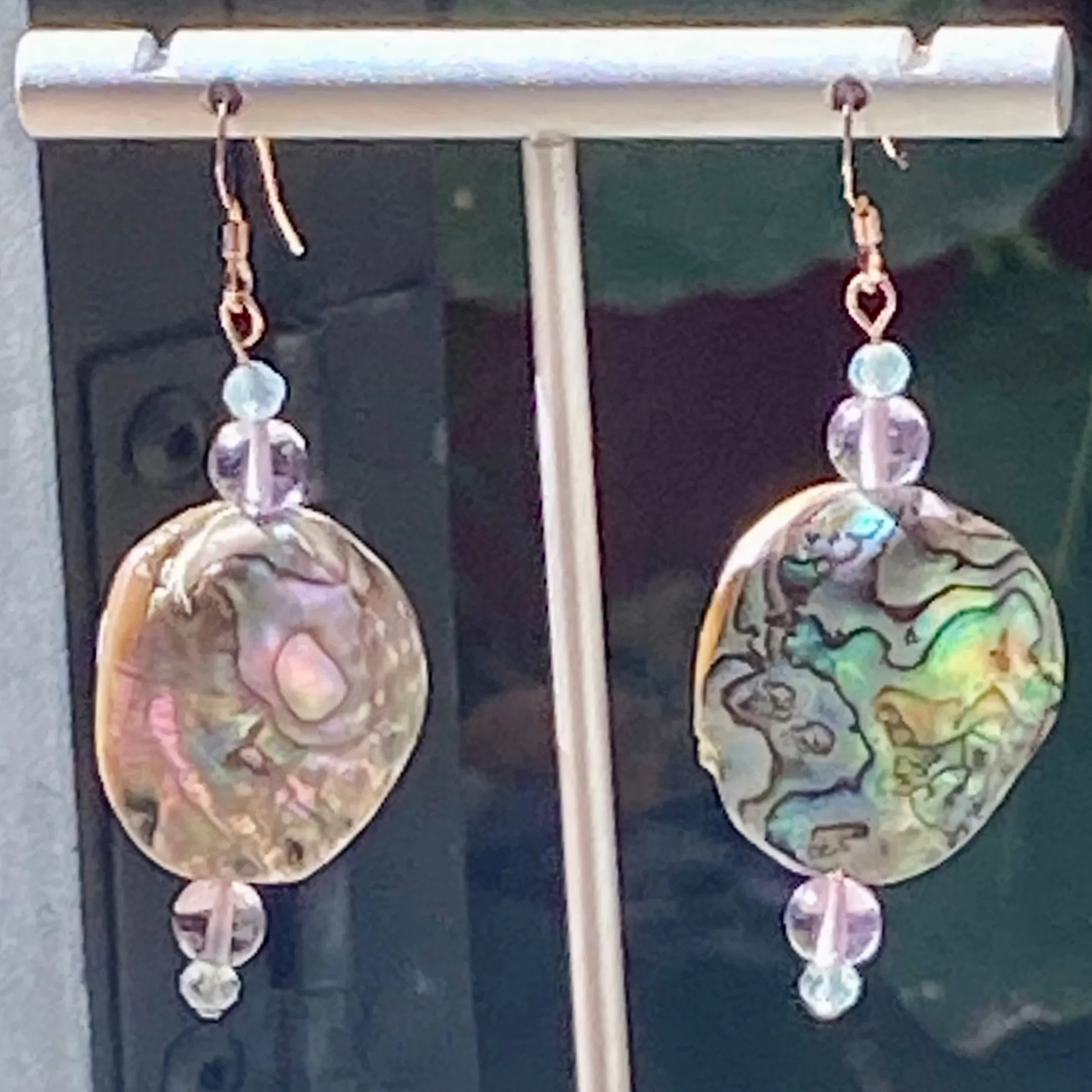 Abalone, Amethyst & Aquamarine gemstones with 14 kt Rose GF Drop Earrings