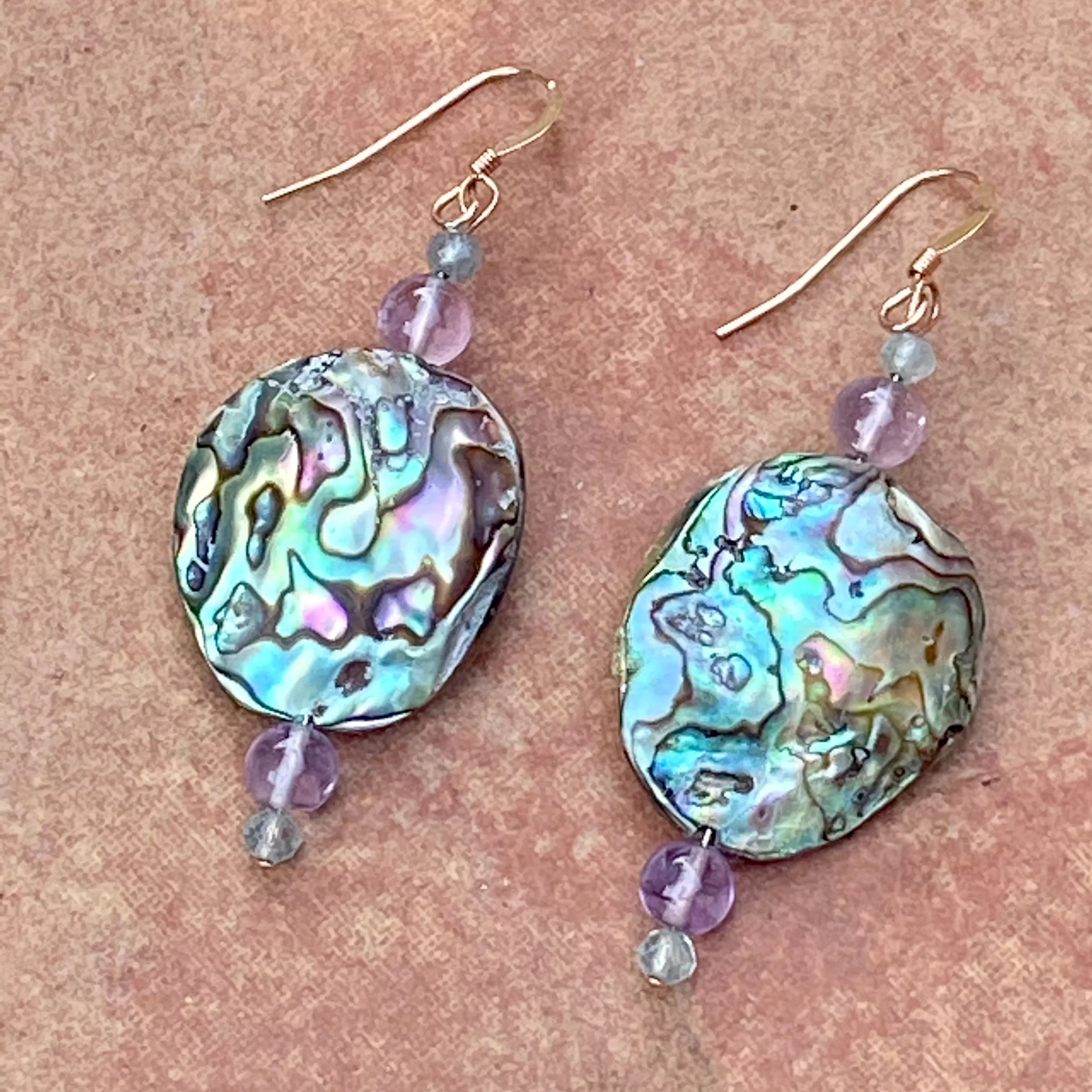 Abalone, Amethyst & Aquamarine gemstones with 14 kt Rose GF Drop Earrings