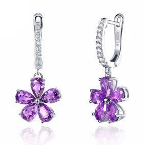 African Amethyst Flower Drop Earrings - 925 Sterling Silver