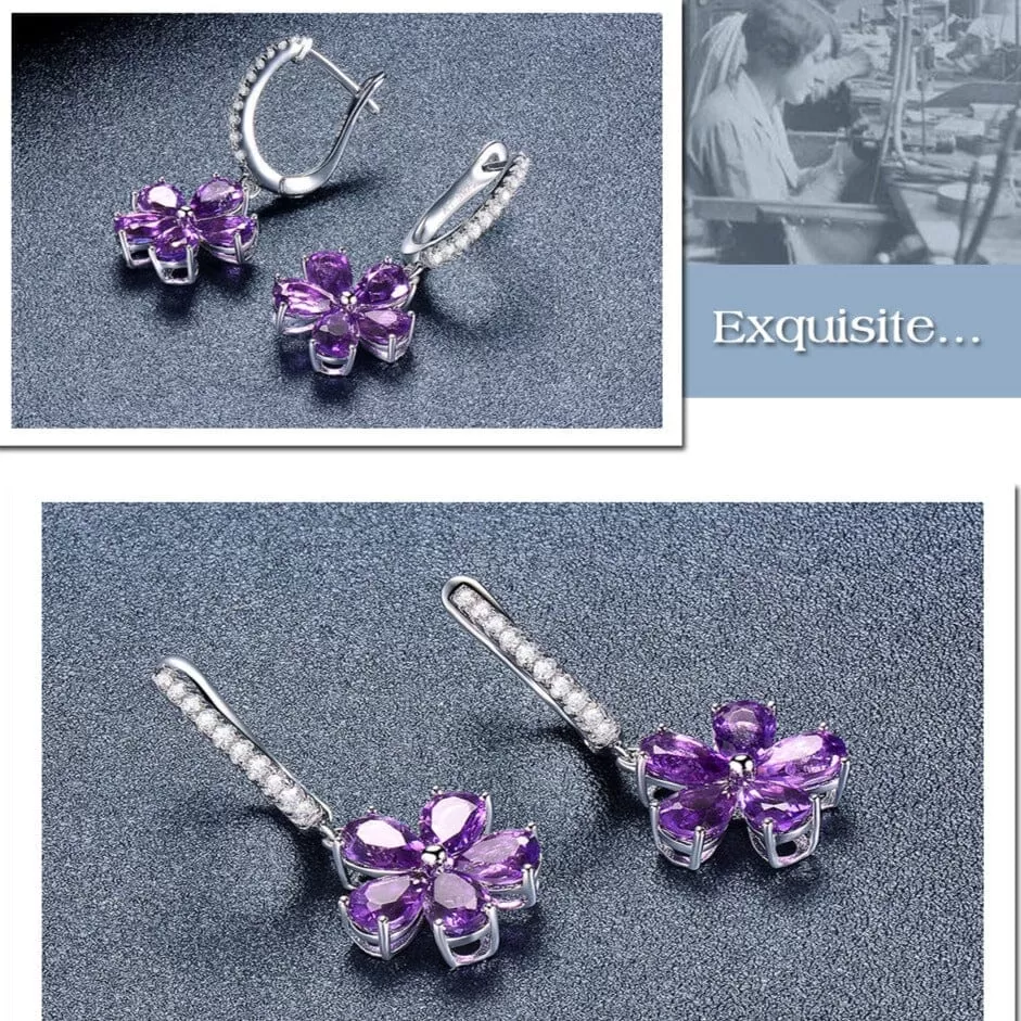 African Amethyst Flower Drop Earrings - 925 Sterling Silver