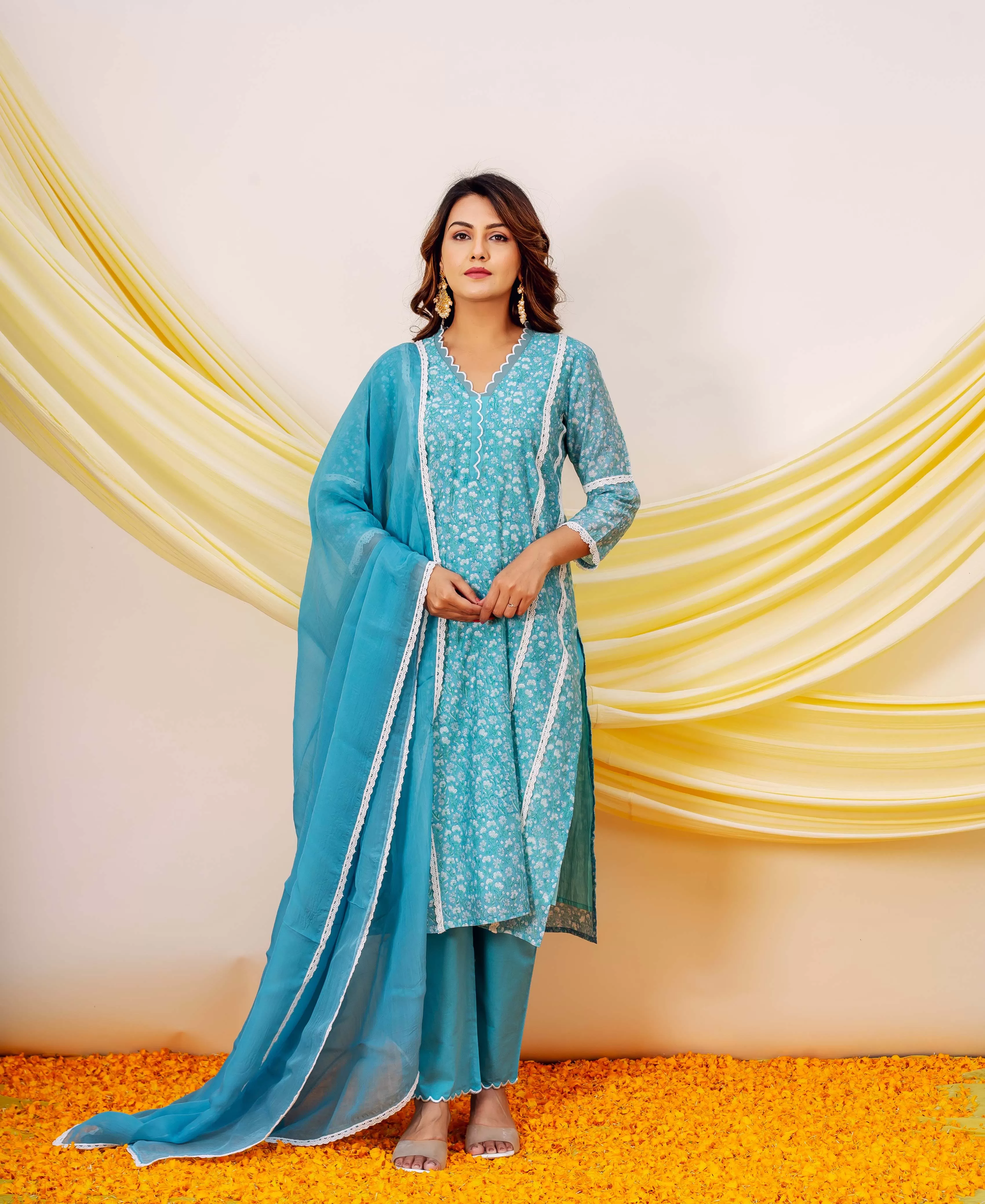 Amara Luxurious Blue Hand Block Printed Chanderi Kurta