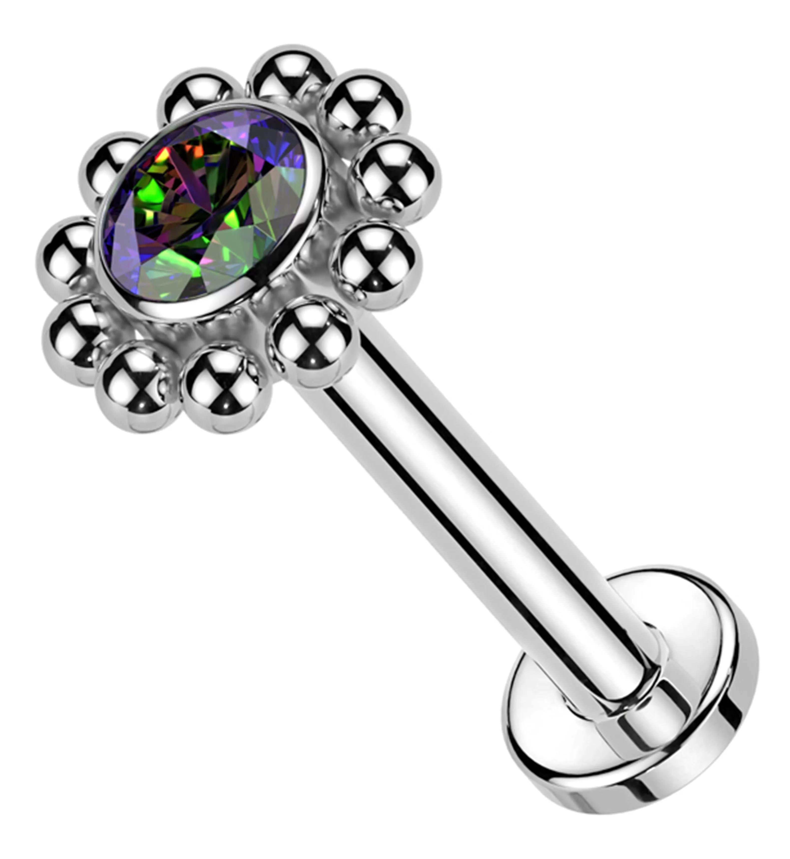 Beaded Flower Black Aurora CZ Internally Threaded Titanium Labret