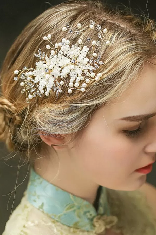 Beautiful Western Style Freshwater Pearl Three-dimensional Flower Braided Hair Comb-860293