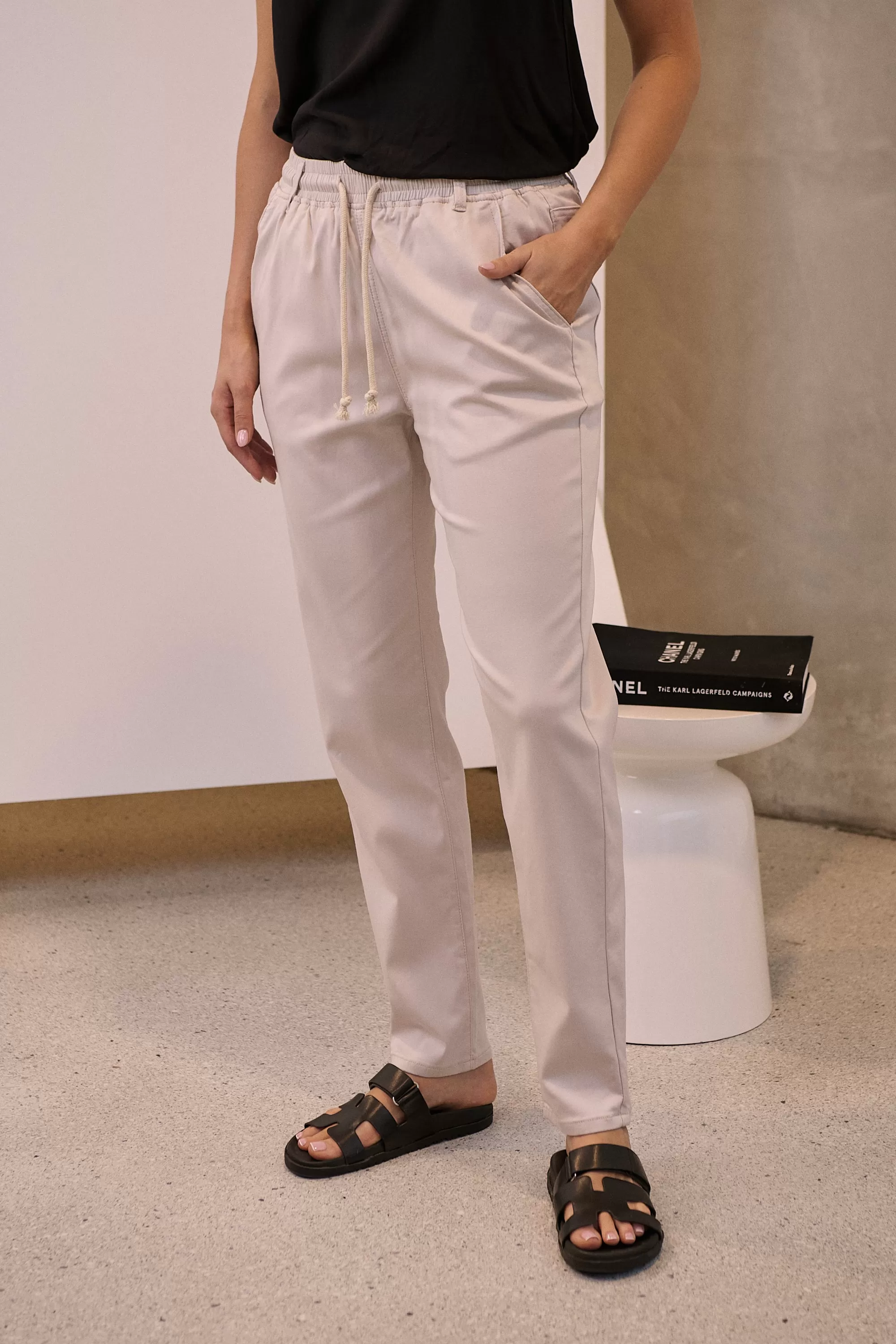 Beige Tie Waist Jogger Pants