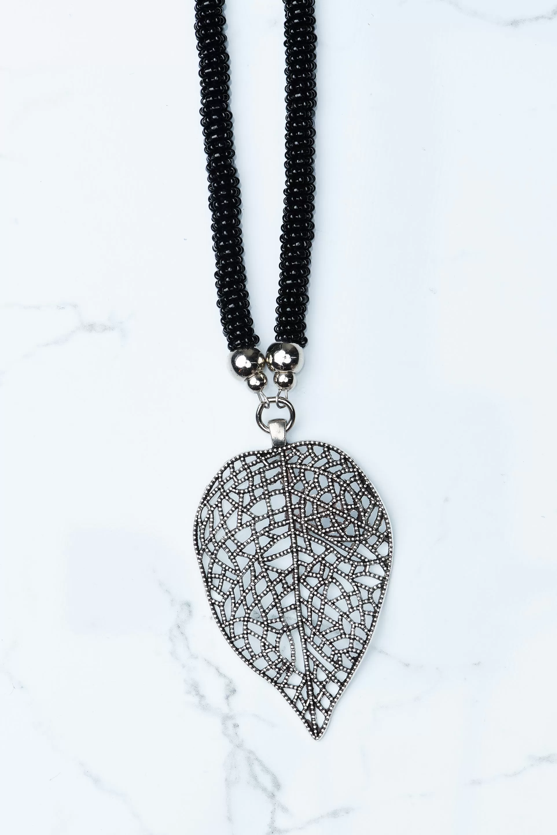 Black Beaded Leaf Pendant Necklace