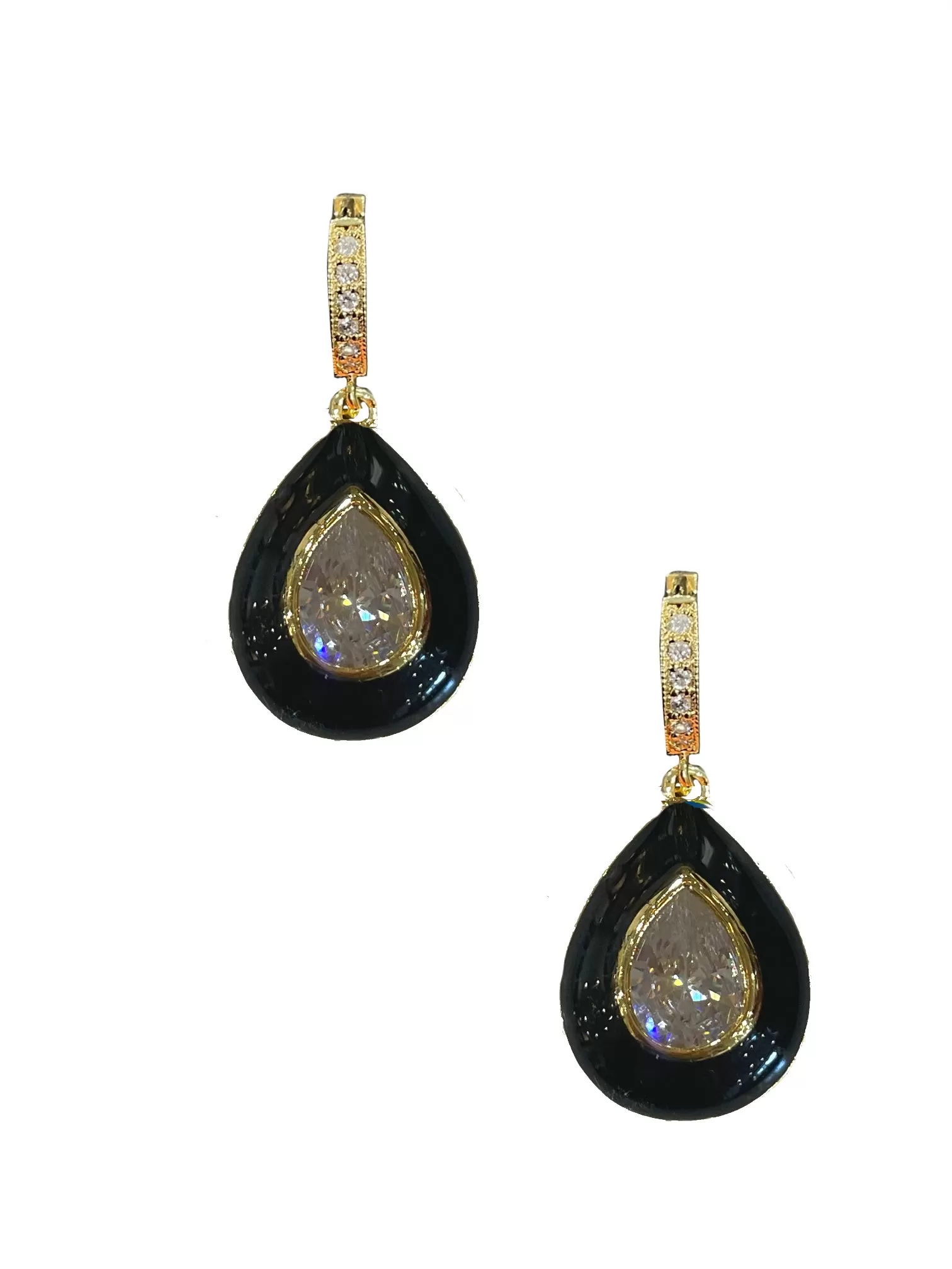 Black Enamel Bezel Teardrop Huggies