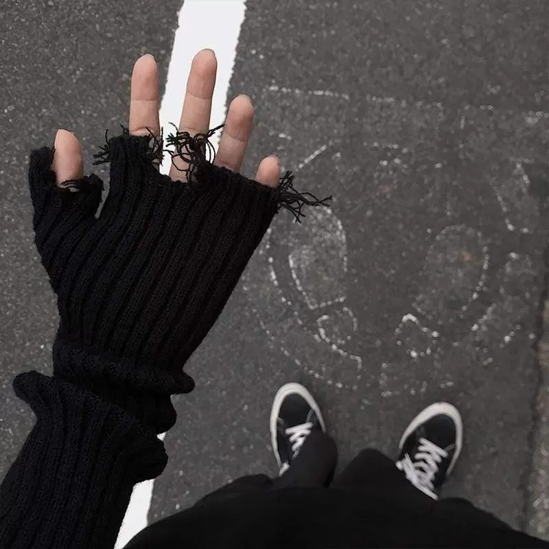 Black Gray Beige Tattered Punk Unisex Fingerless Cuff Knit Gloves Women Men Elbow Length Mittens Broken Cool Stretch Arm Warmer