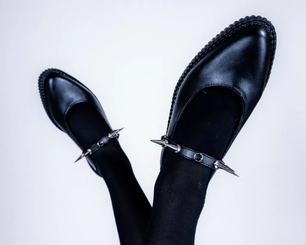 Black TUKskin Spike Strap Pointed Mule