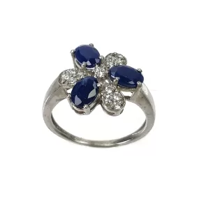 Blue SAPPHIRE Gemstone With CZ RING: 2.890gms 925 Sterling Silver Natural Sapphire Oval Normal Cut Prong Set Unisex Ring 7.25US