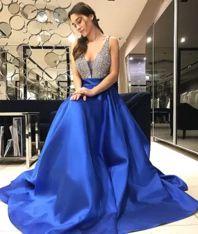 Blue v neck sequin long prom dress, blue evening dress