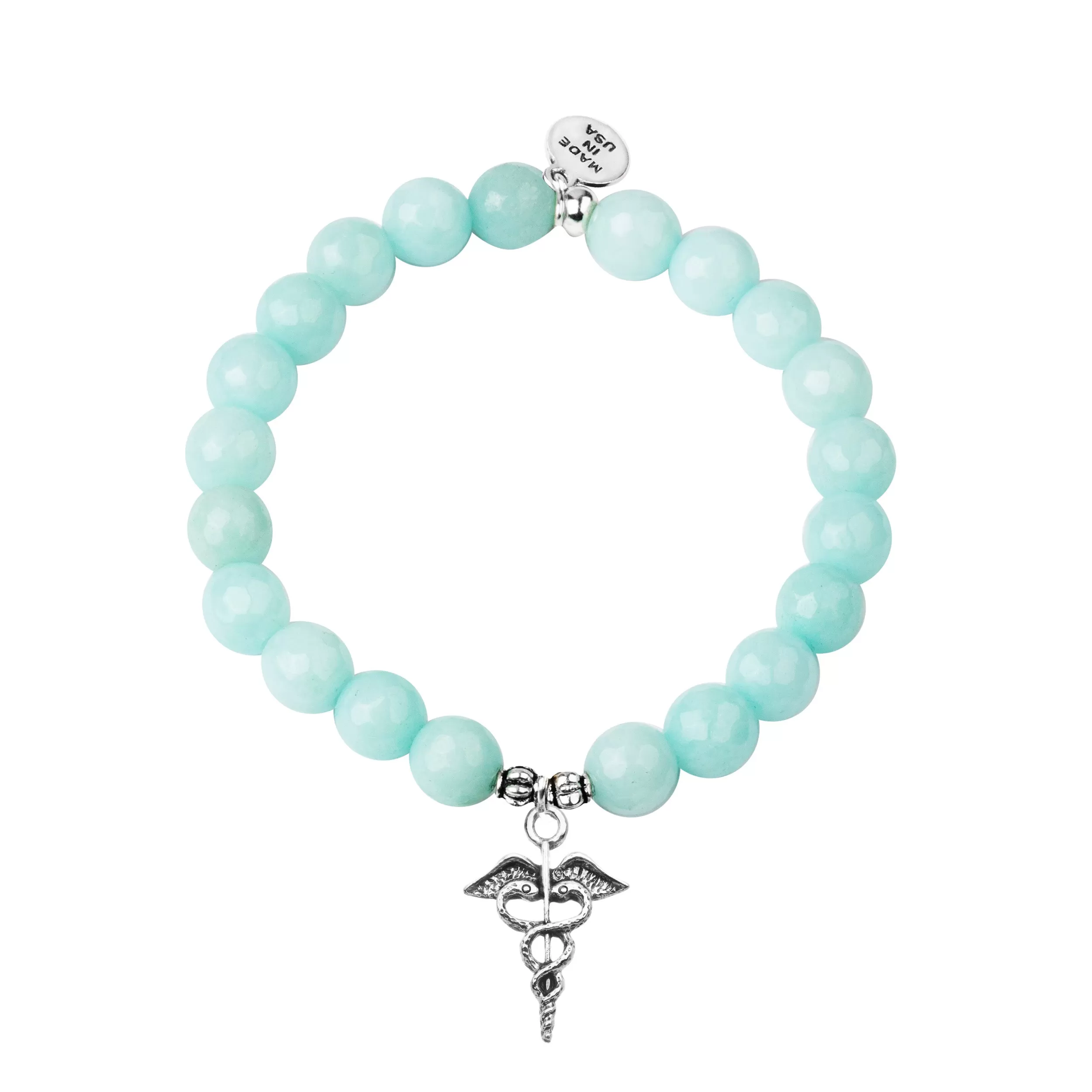 Caduceus (Medical Symbol) | Stone Beaded Charm Bracelet | Tiffany Blue Agate