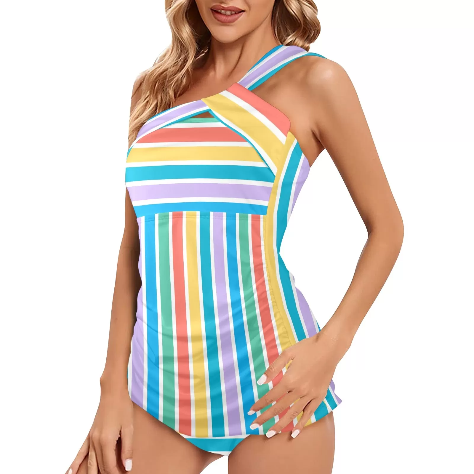 colorfully striped tropics Women's One Shoulder Backless Swimsuit (Model S44)