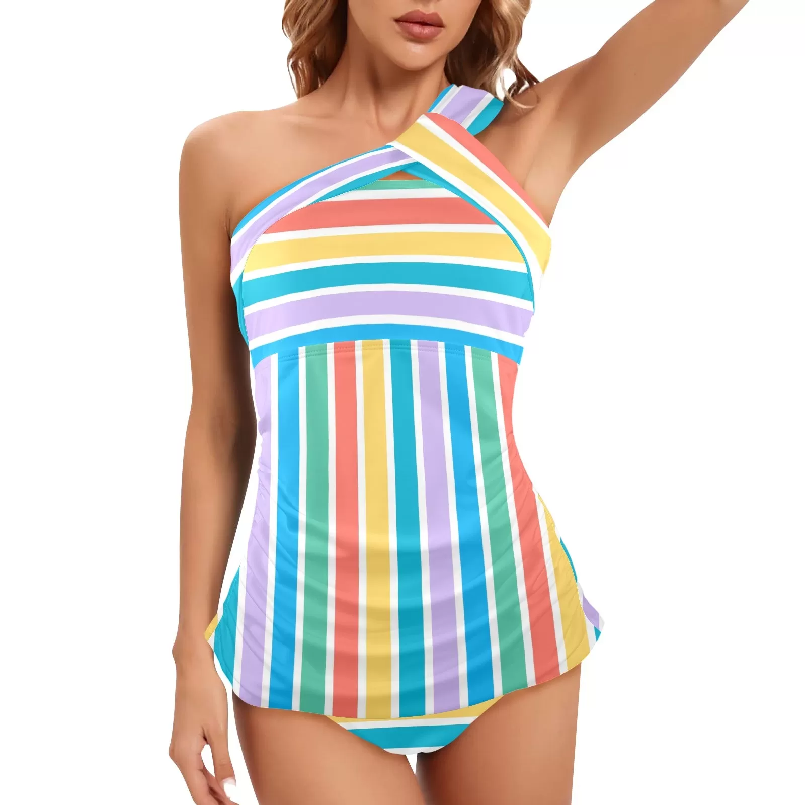 colorfully striped tropics Women's One Shoulder Backless Swimsuit (Model S44)