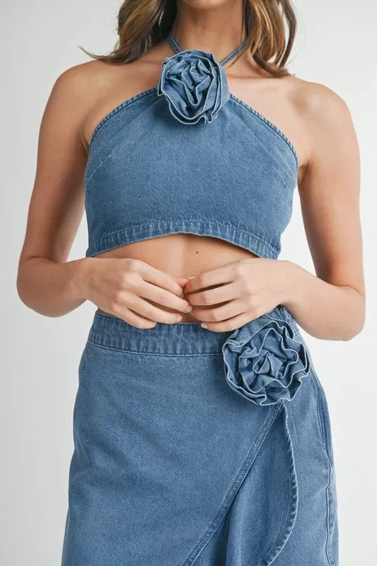 Denim Corsage Top & Ruffle Midi Skirt Set