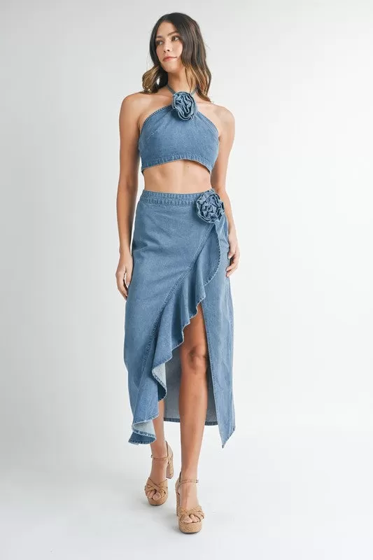 Denim Corsage Top & Ruffle Midi Skirt Set