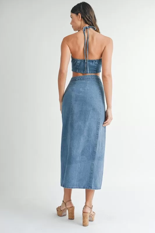 Denim Corsage Top & Ruffle Midi Skirt Set