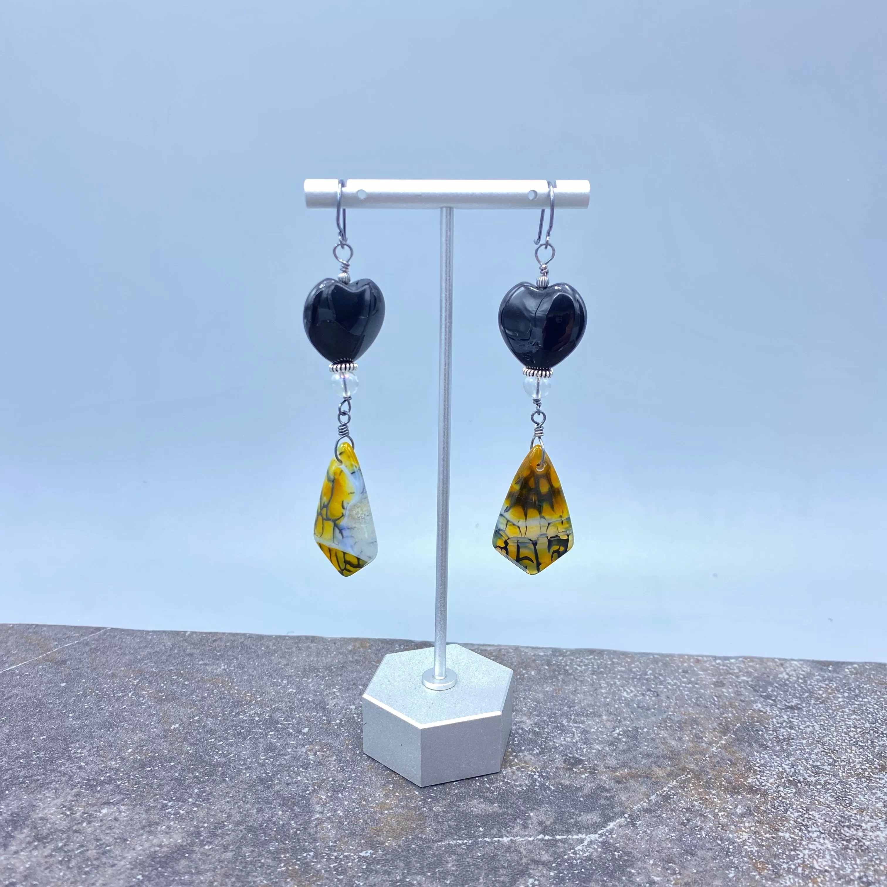 Dragon’s Vein Agate, Onyx, Clear Quartz, Oxidized Sterling Silver Drop Earrings