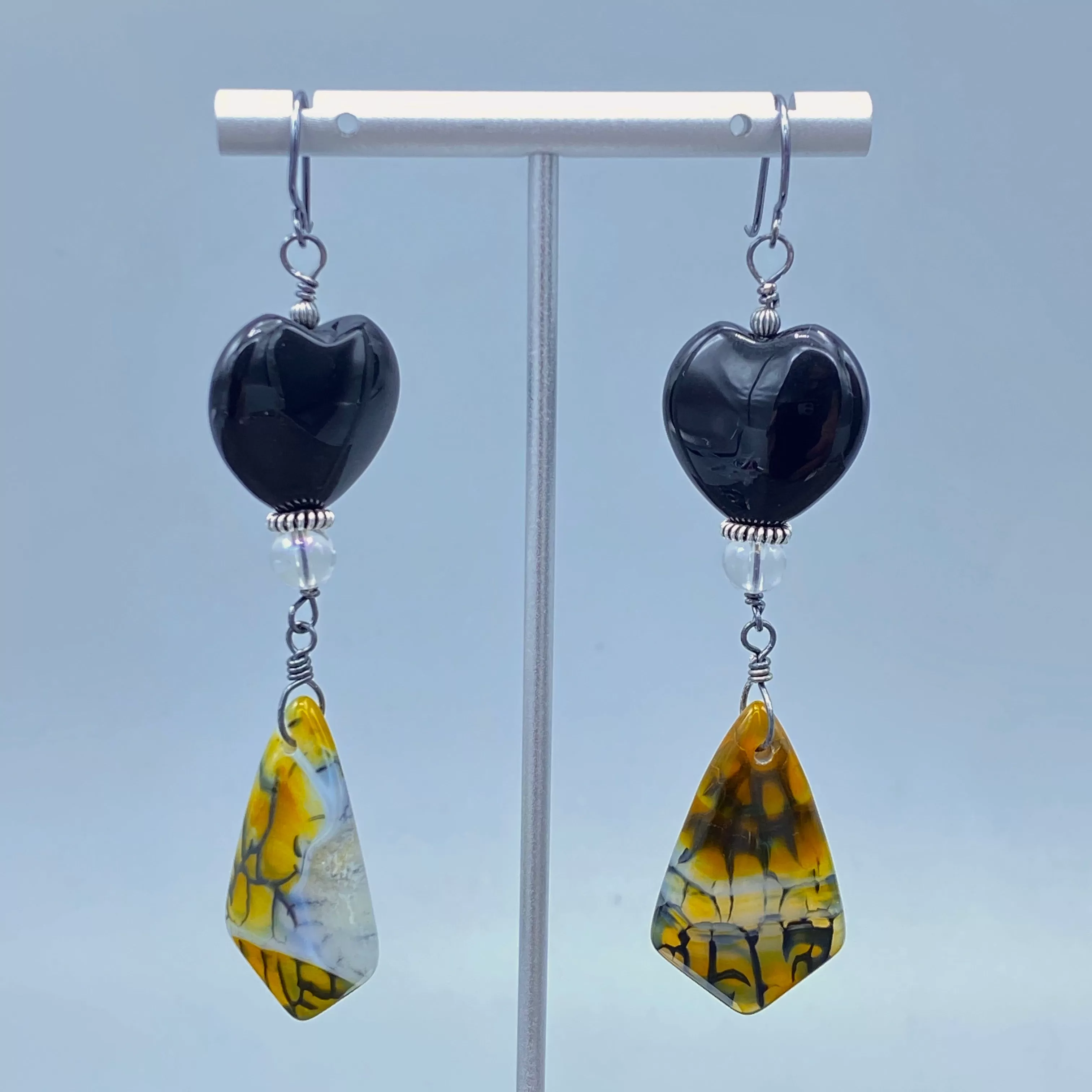 Dragon’s Vein Agate, Onyx, Clear Quartz, Oxidized Sterling Silver Drop Earrings