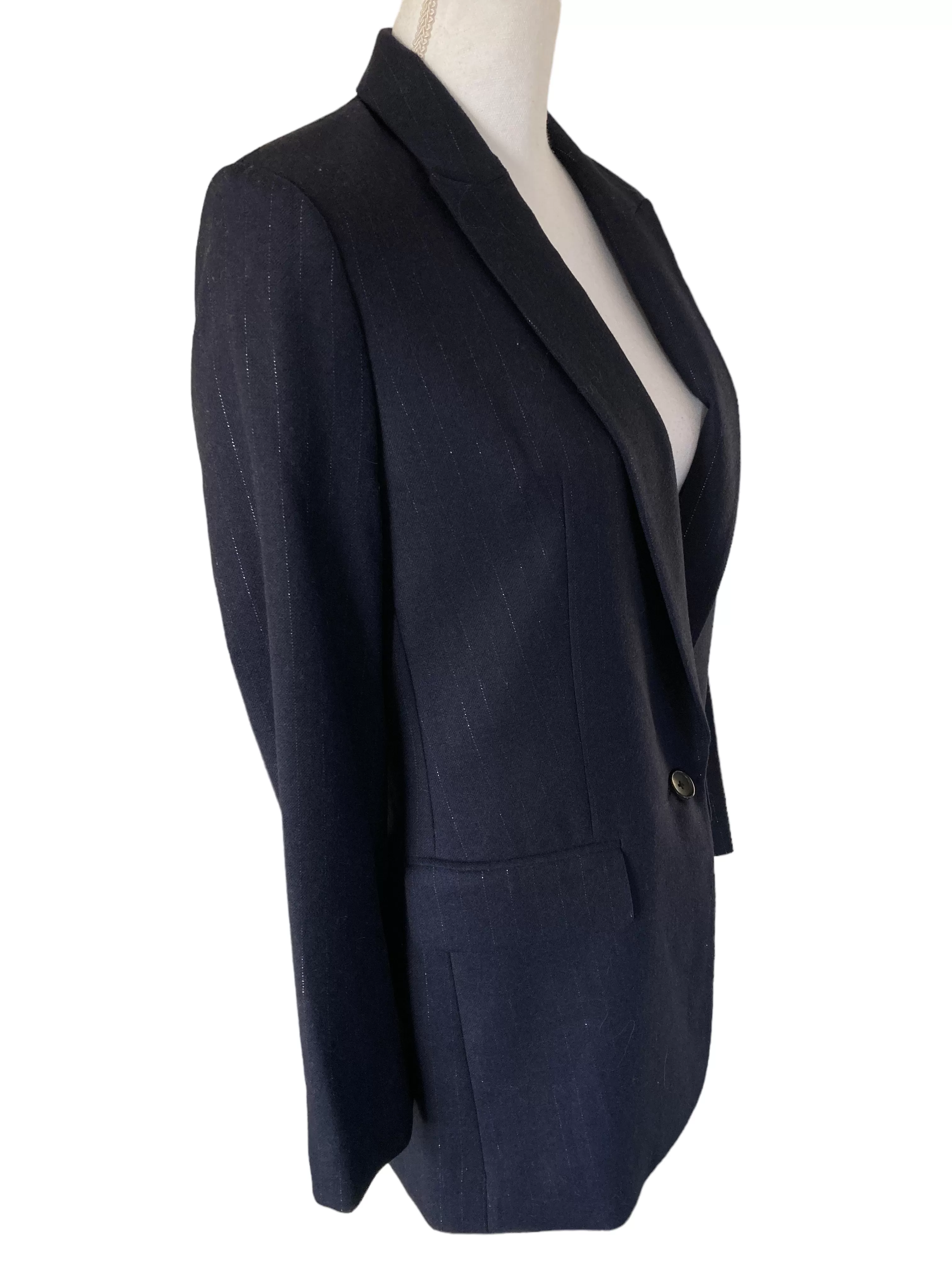 Equipment Jeanne Wool Blend Navy Striped One Button Blazer, 6