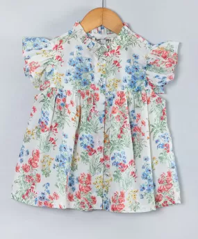 Flower bunch print top with frills at neck n armhole-White