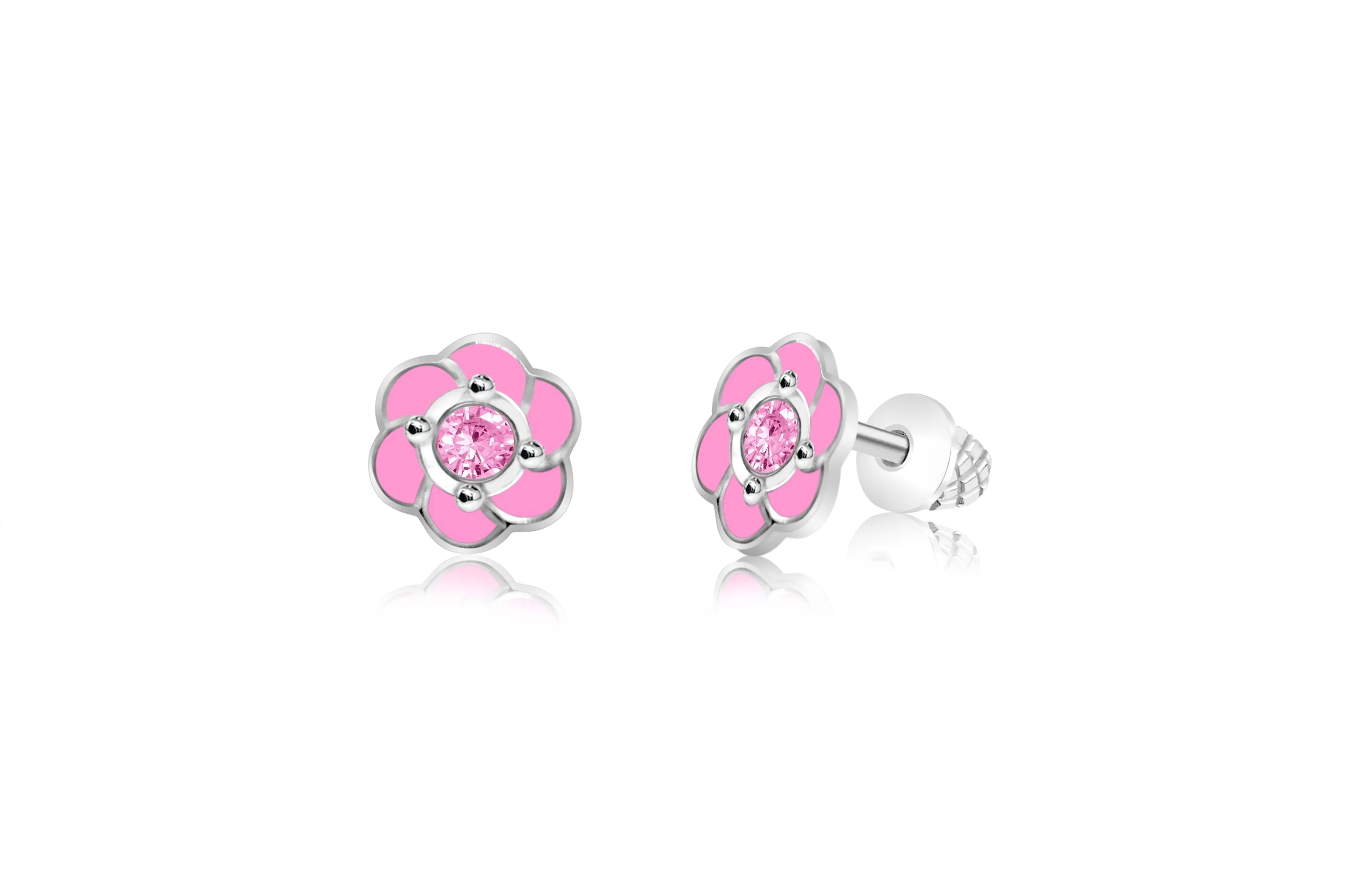 Flower Pink Crystal Palladium Plating Screwback Stud Girls Earring