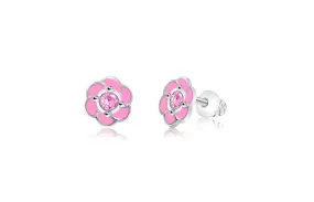 Flower Pink Crystal Palladium Plating Screwback Stud Girls Earring