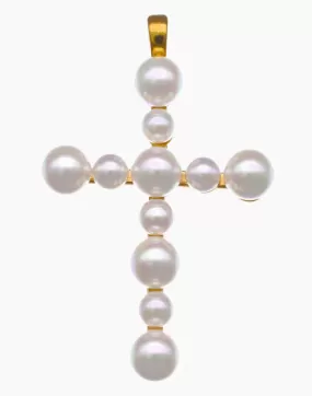 Gold Plated Silver Pendant for Women with 4mm and 6mm Half Round White Pearls, Cruces Collection