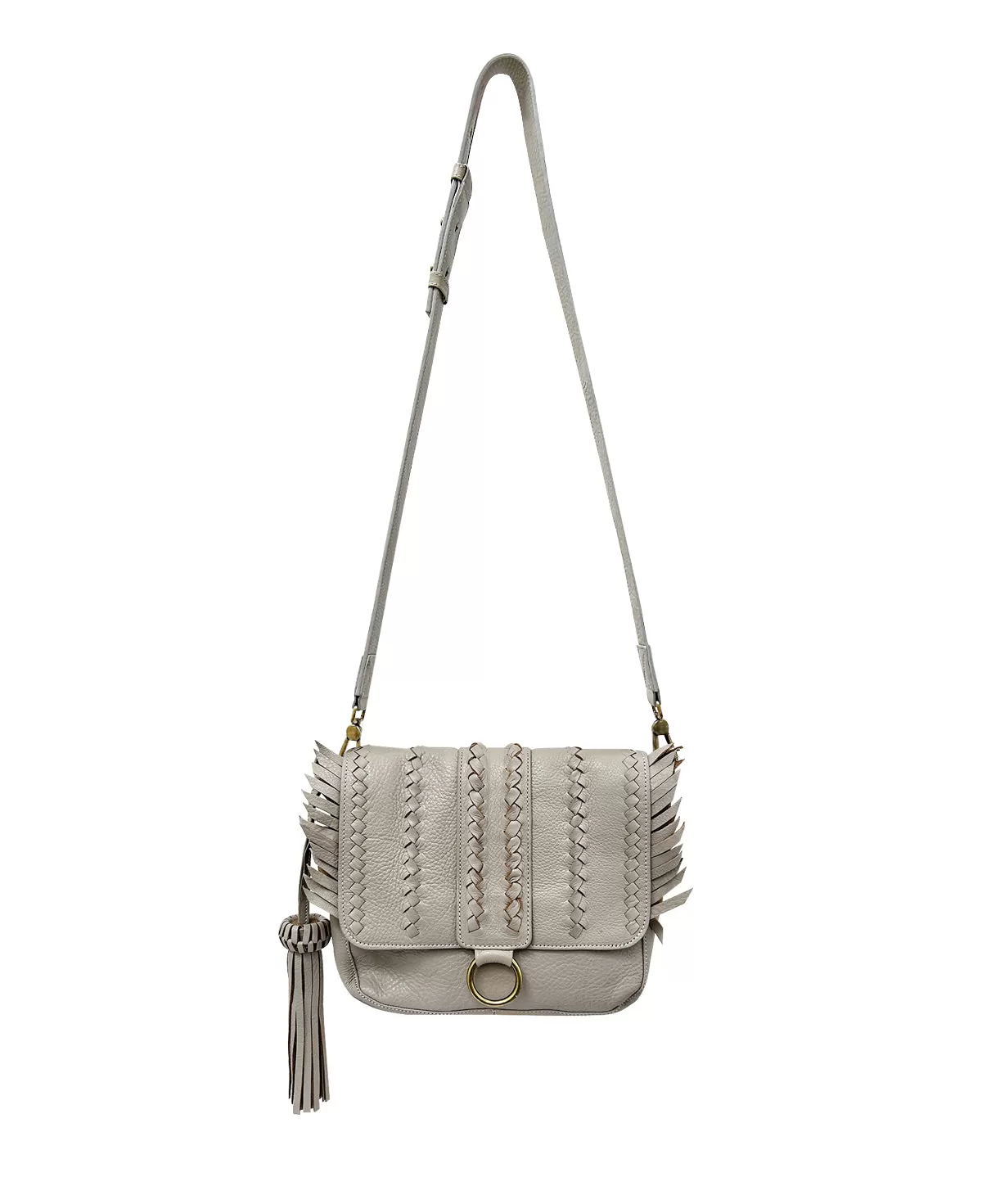 Gray/Taupe SENECA Leather Bag with Braids & Frings Details