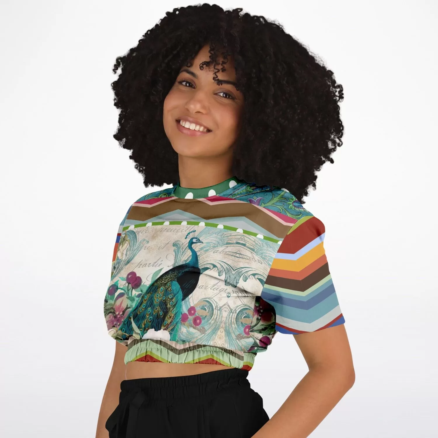 Green Peacock Short Sleeve Cropped Eco-Poly Sweater