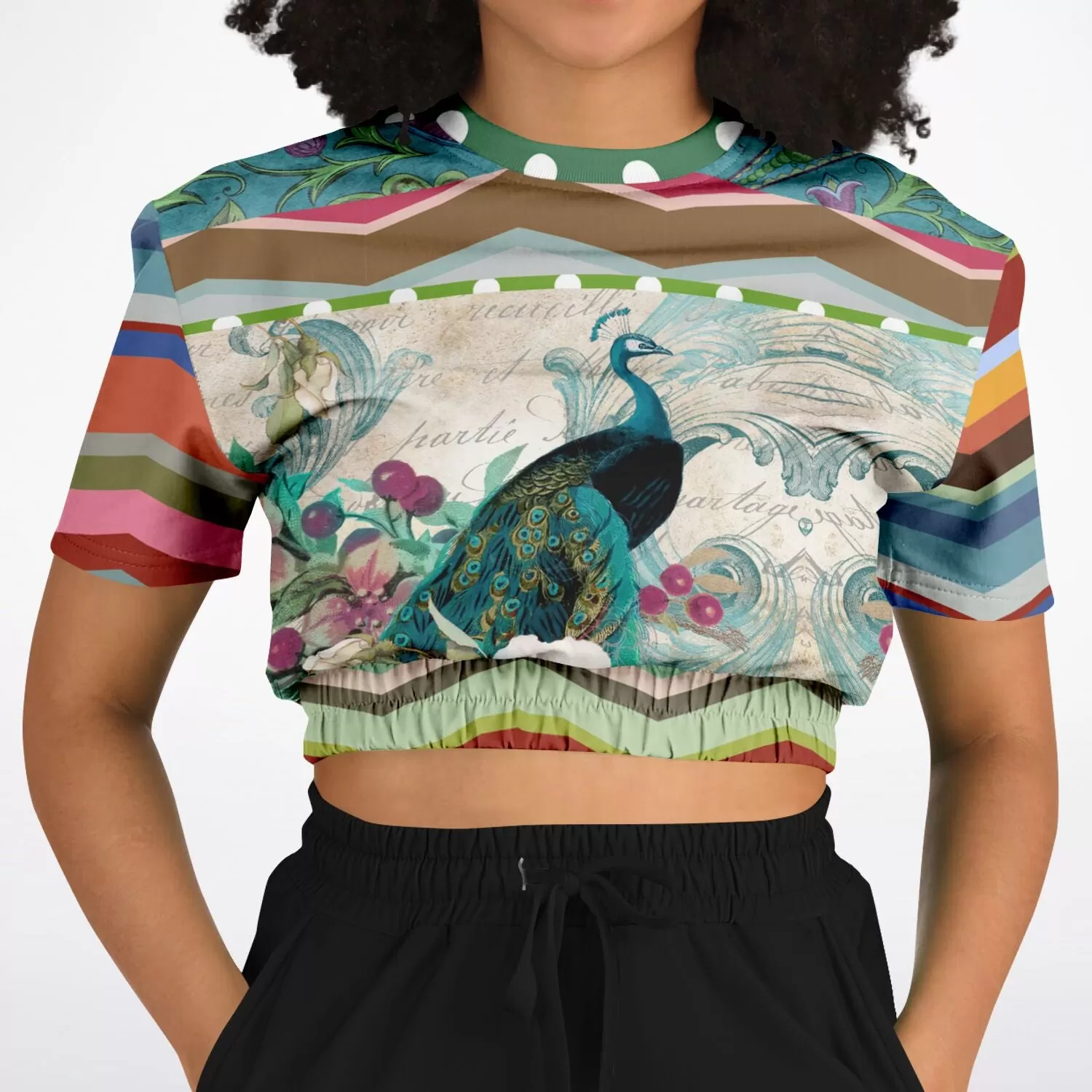 Green Peacock Short Sleeve Cropped Eco-Poly Sweater