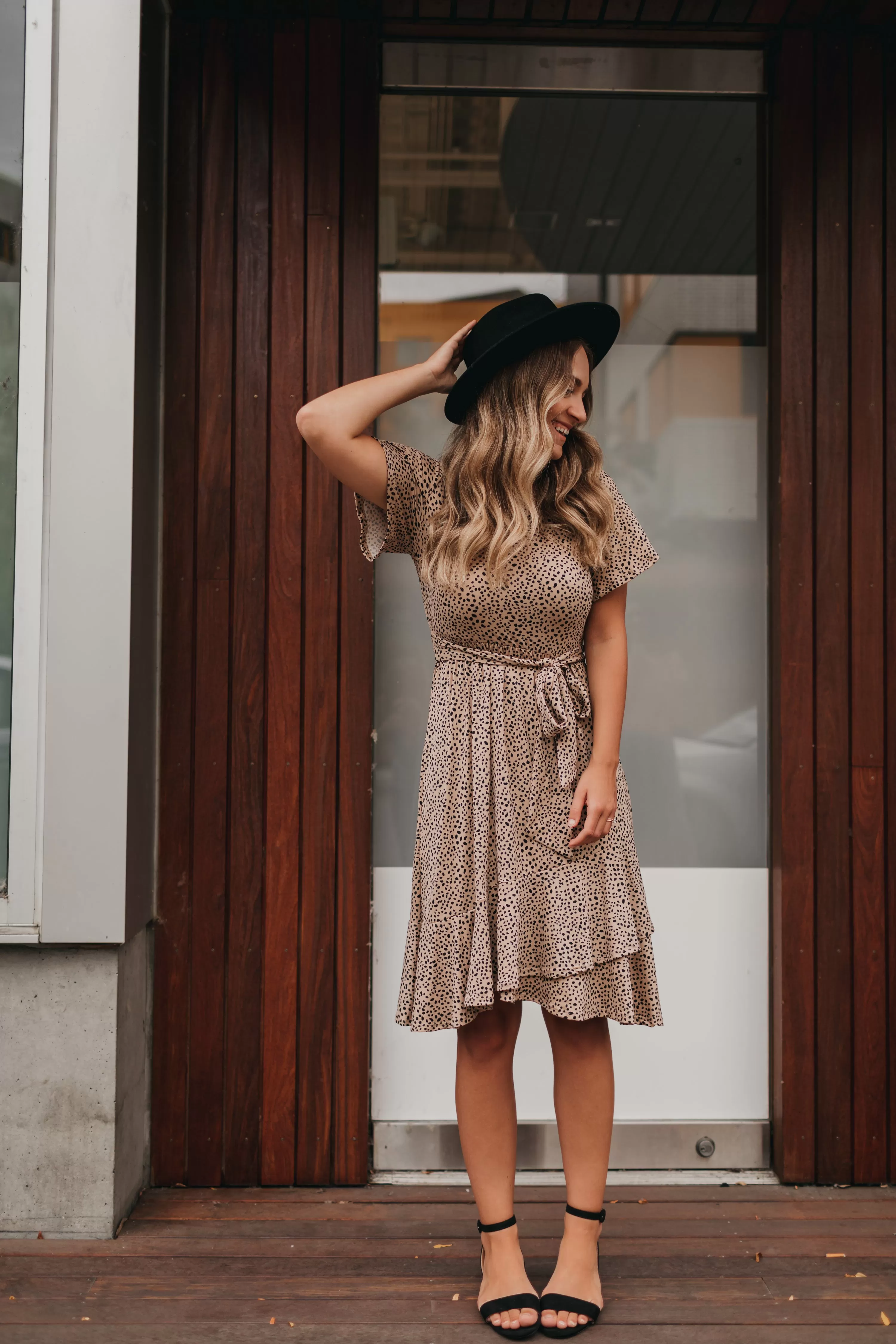 Ivy Dotted Dress in Taupe