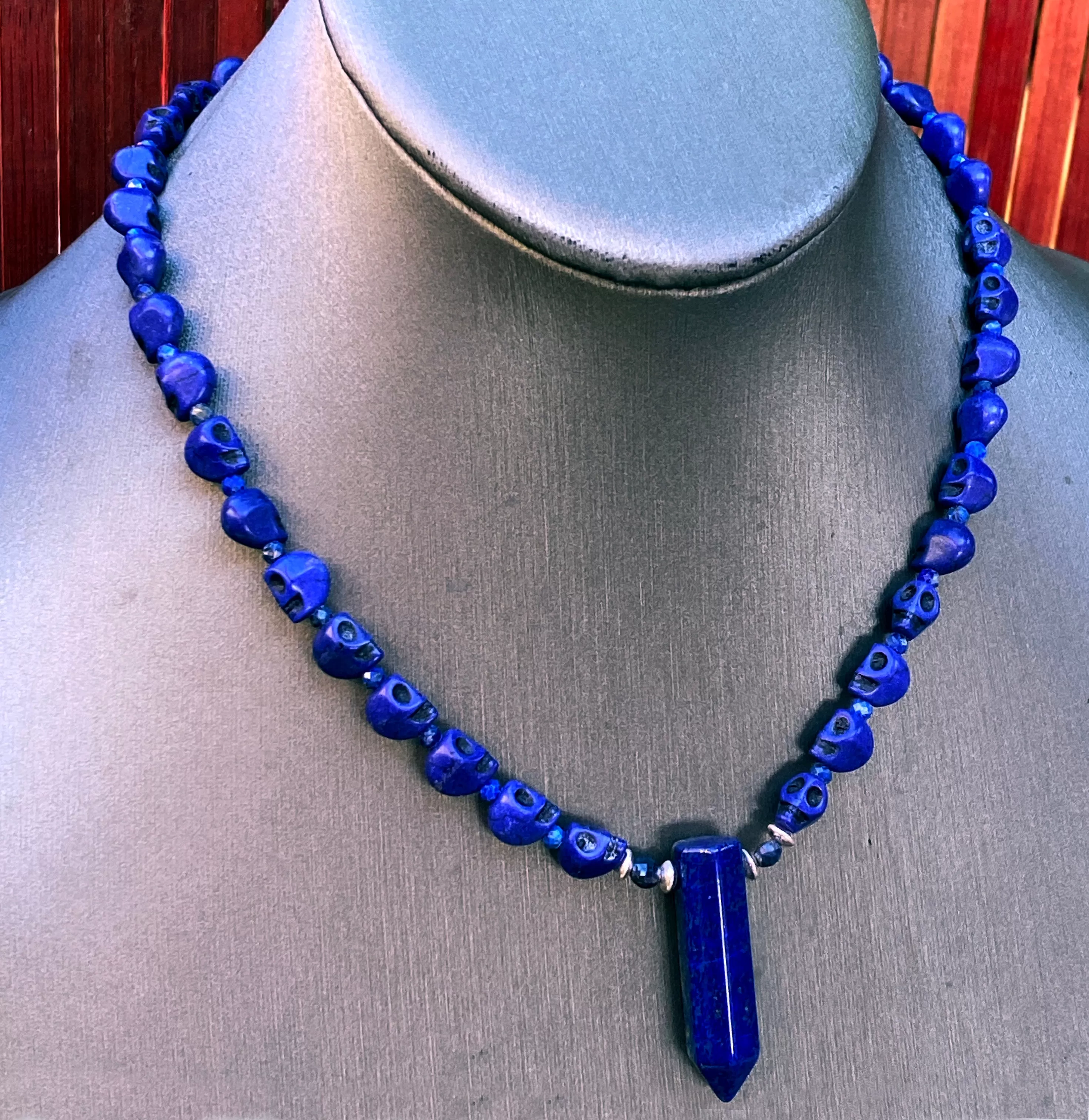 Lapis Lazuli and blue Sapphire Skull Necklace