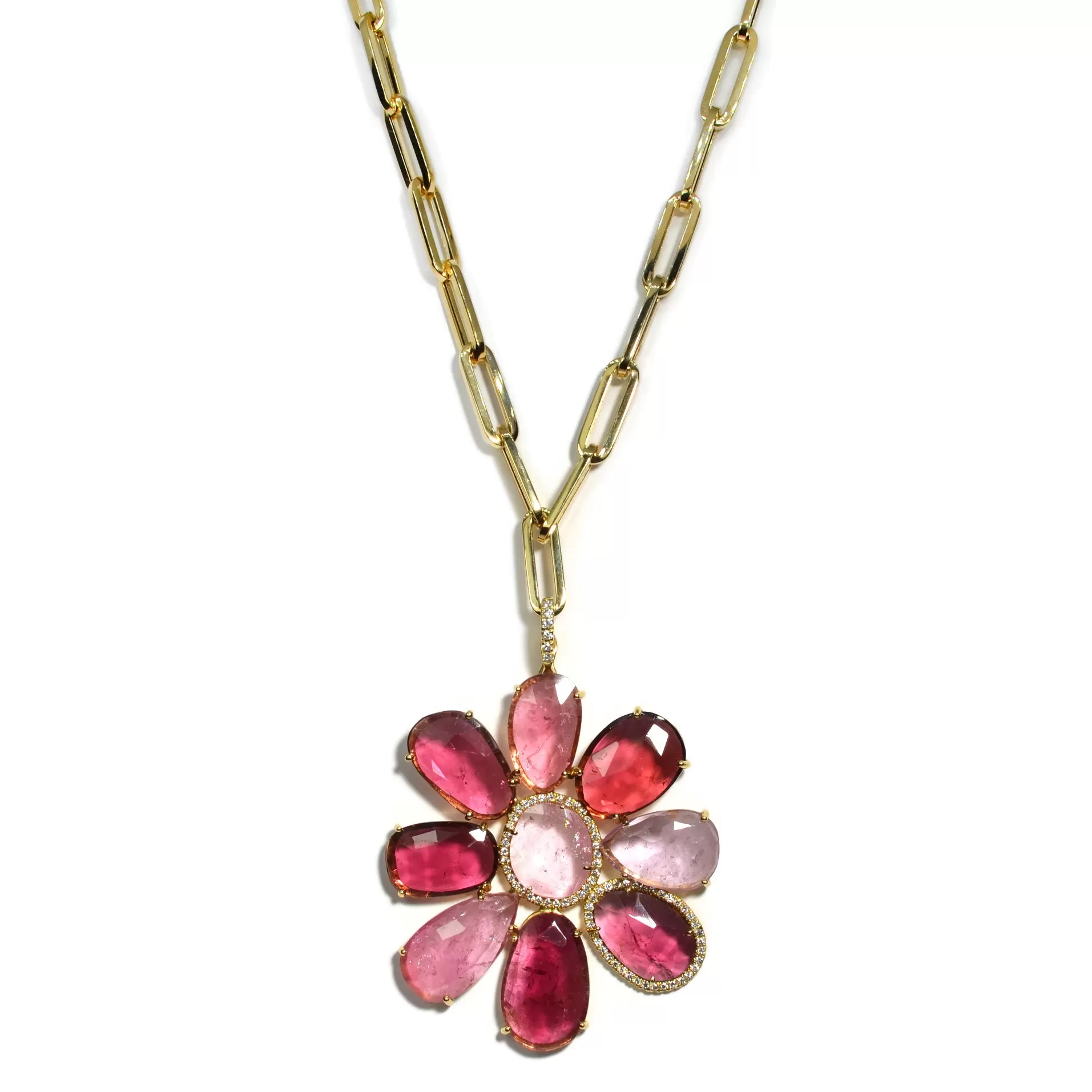 Lauren K - Flower Pendant with Pink Tourmaline and Diamonds, 18k Yellow Gold