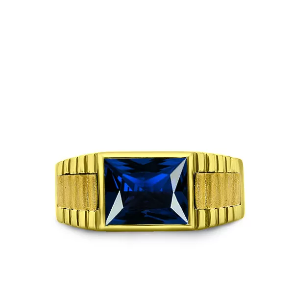 Man Blue Sapphire Statement Solid Fine 14k Yellow Gold Men's Heavy Wide Ring