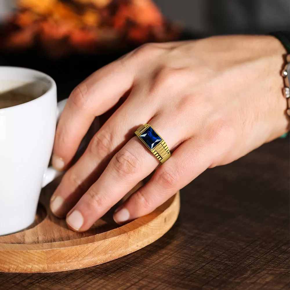 Man Blue Sapphire Statement Solid Fine 14k Yellow Gold Men's Heavy Wide Ring