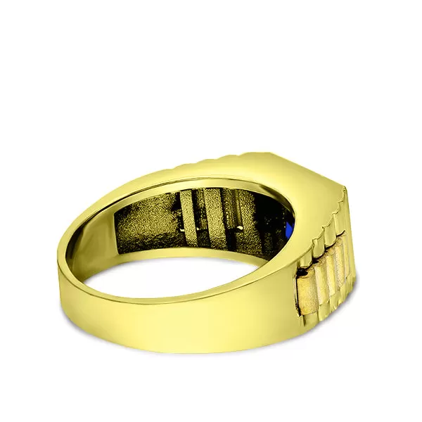 Man Blue Sapphire Statement Solid Fine 14k Yellow Gold Men's Heavy Wide Ring