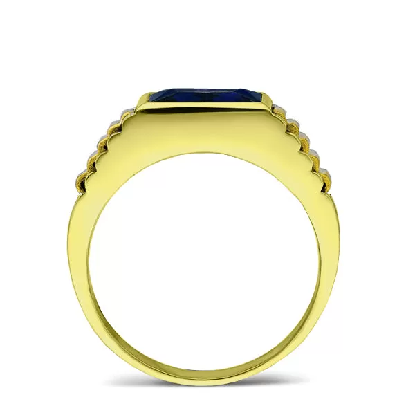 Man Blue Sapphire Statement Solid Fine 14k Yellow Gold Men's Heavy Wide Ring