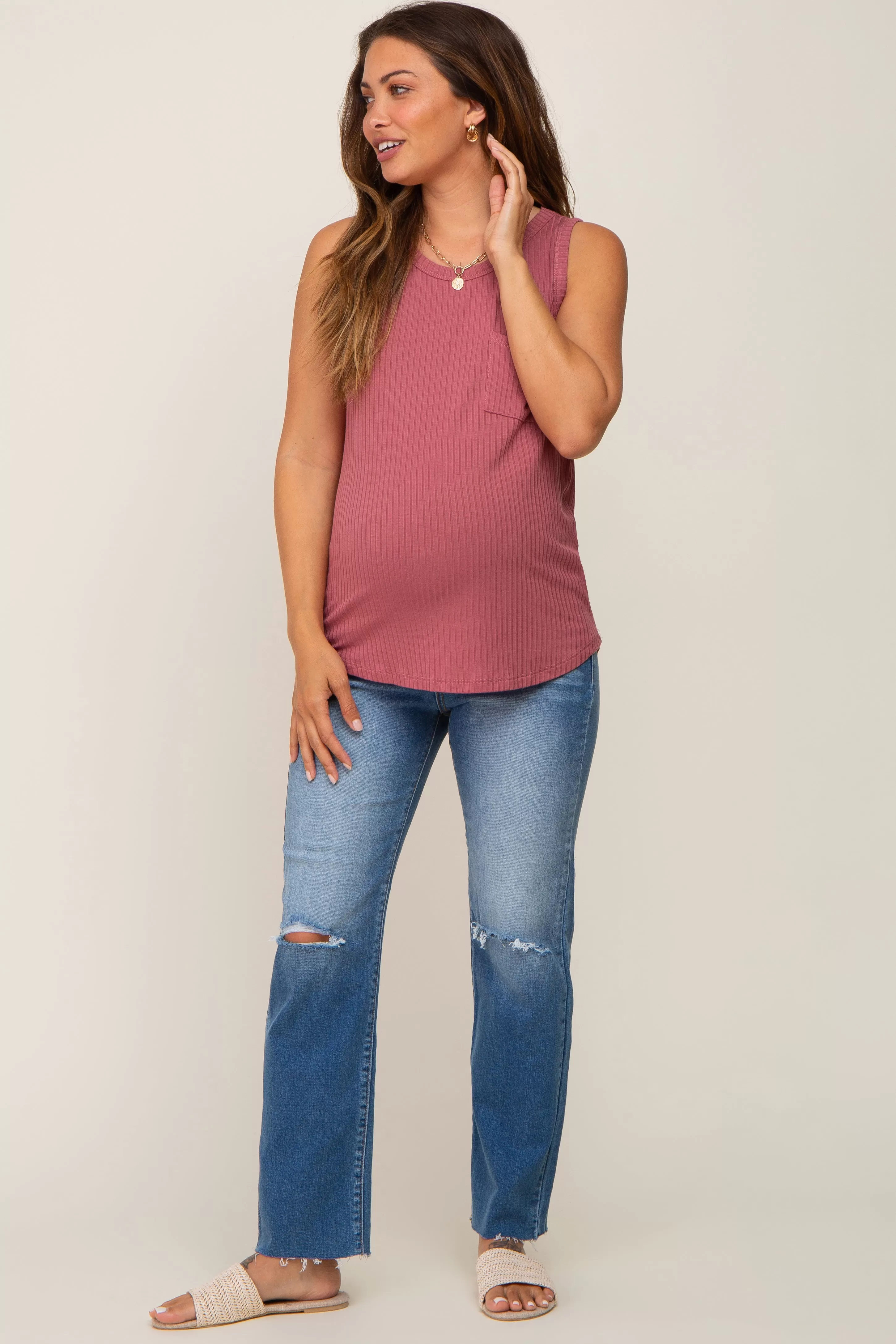 Mauve Ribbed Front Pocket Maternity Tank