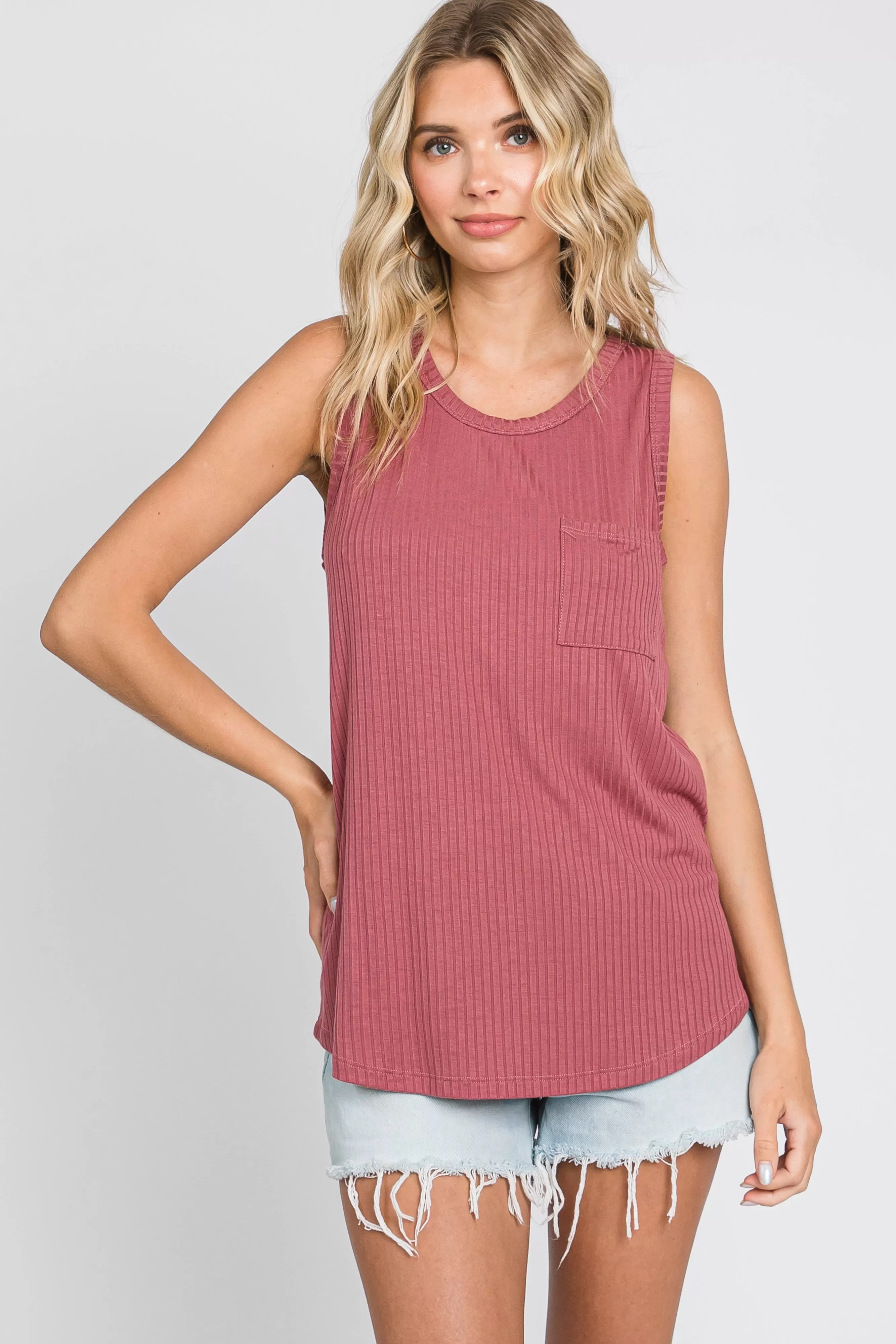 Mauve Ribbed Front Pocket Maternity Tank