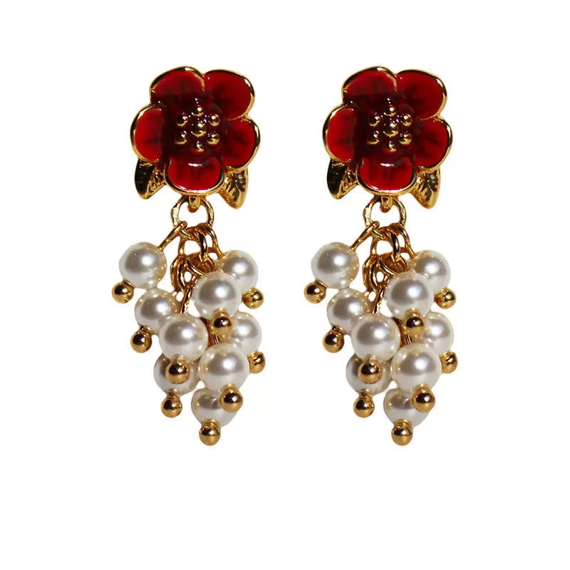 Original Handmade  Enamel  Pearl and Red Flower Tassel Stud  Earrings