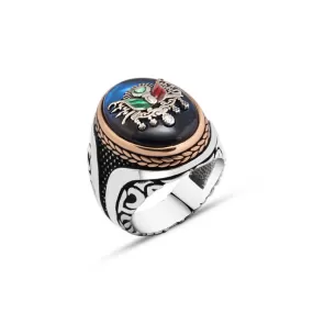 Ottoman Empire Coat of Arms on Blue Ellipse Synthetic Amber Stone Silver Men's Ring with Braid Style Around