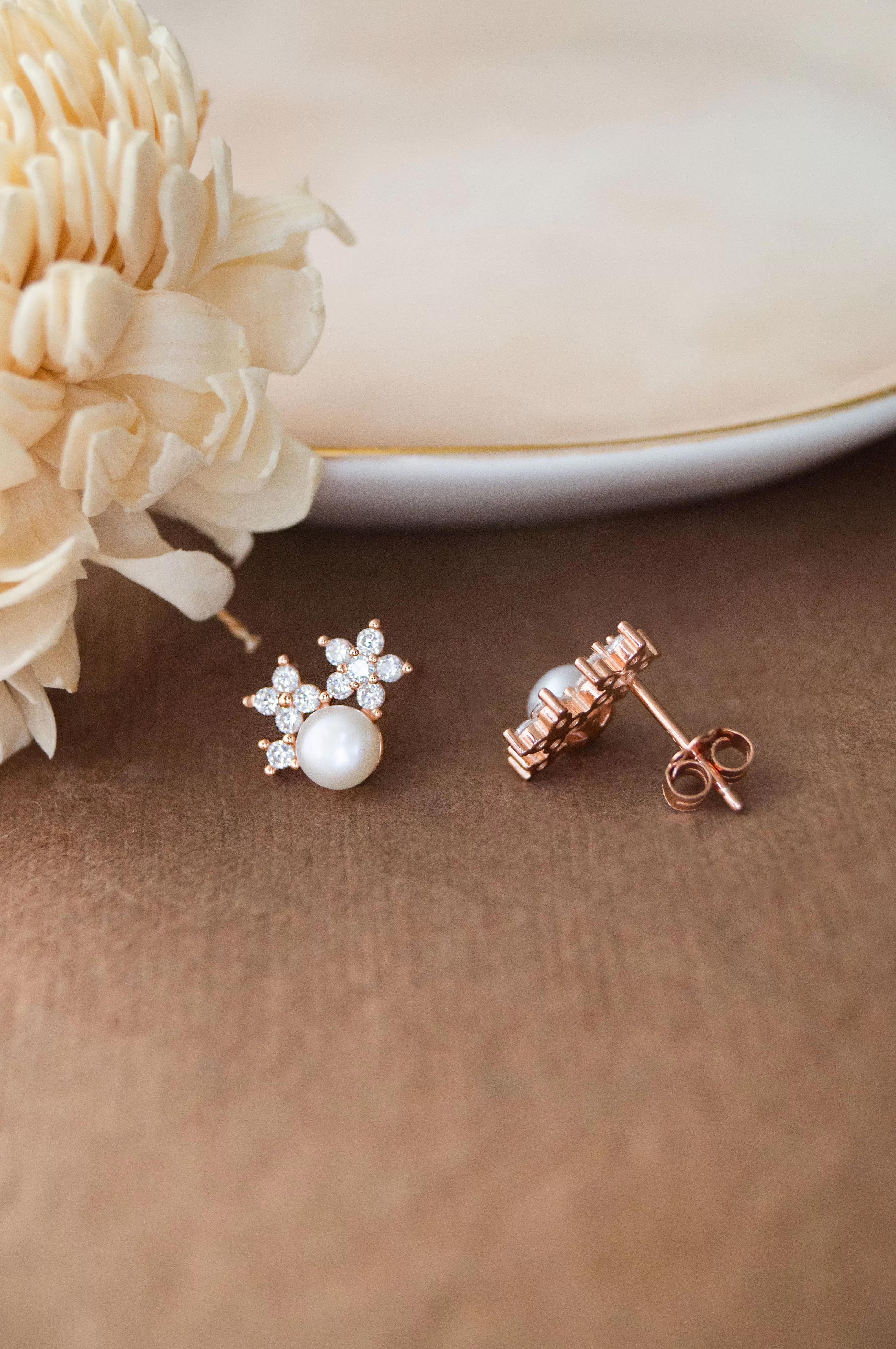 Pearly Flower Garland Rose Gold Plated Sterling Silver Stud Earrings