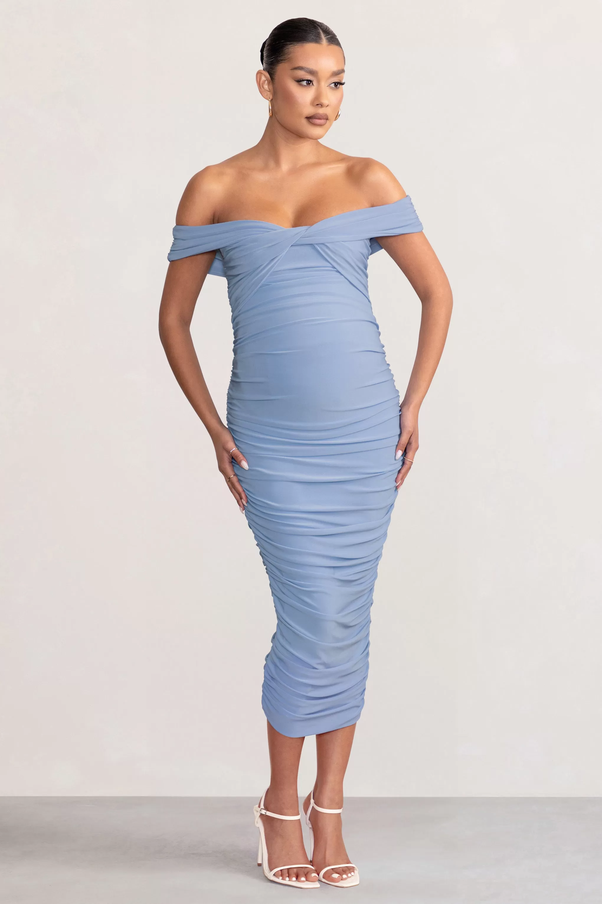 Perfection | Powder Blue Maternity Bardot Knot Ruched Midi Dress