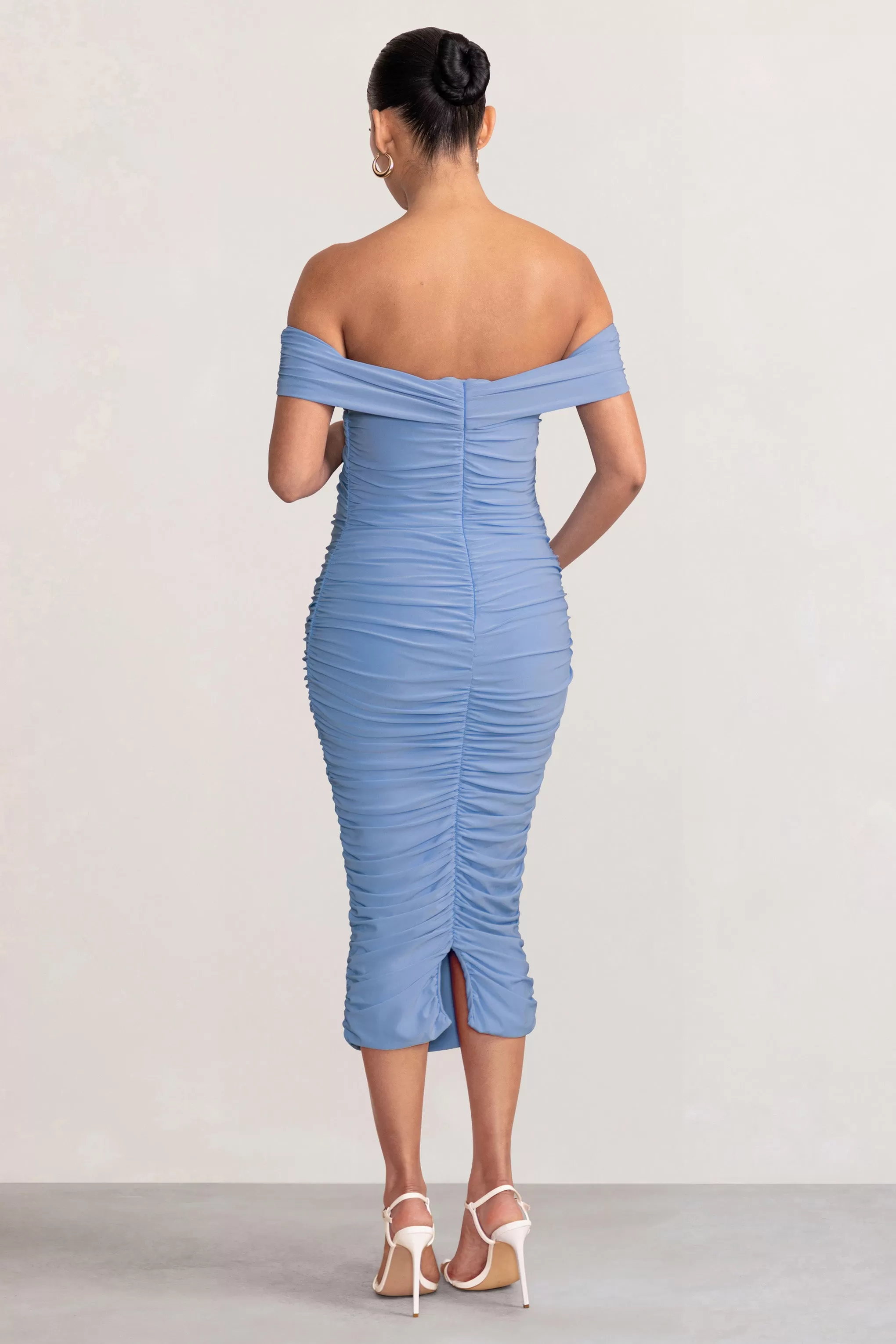 Perfection | Powder Blue Maternity Bardot Knot Ruched Midi Dress